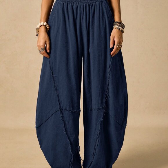 Blue Casual boho Women's Street Chic Minimalist Elastic Waist Side Pocket pants - Picture 6 of 9